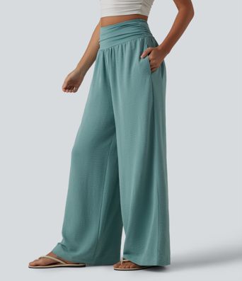 Pantalon ample décontracté taille haute à fronces, effet gainant pour le ventre, aspect lin, avec poches