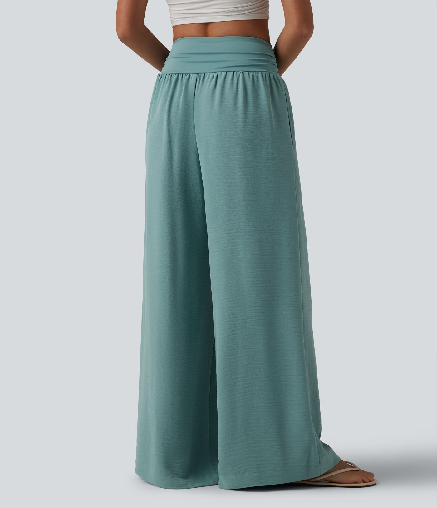 Pantalon ample décontracté taille haute à fronces, effet gainant pour le ventre, aspect lin, avec poches