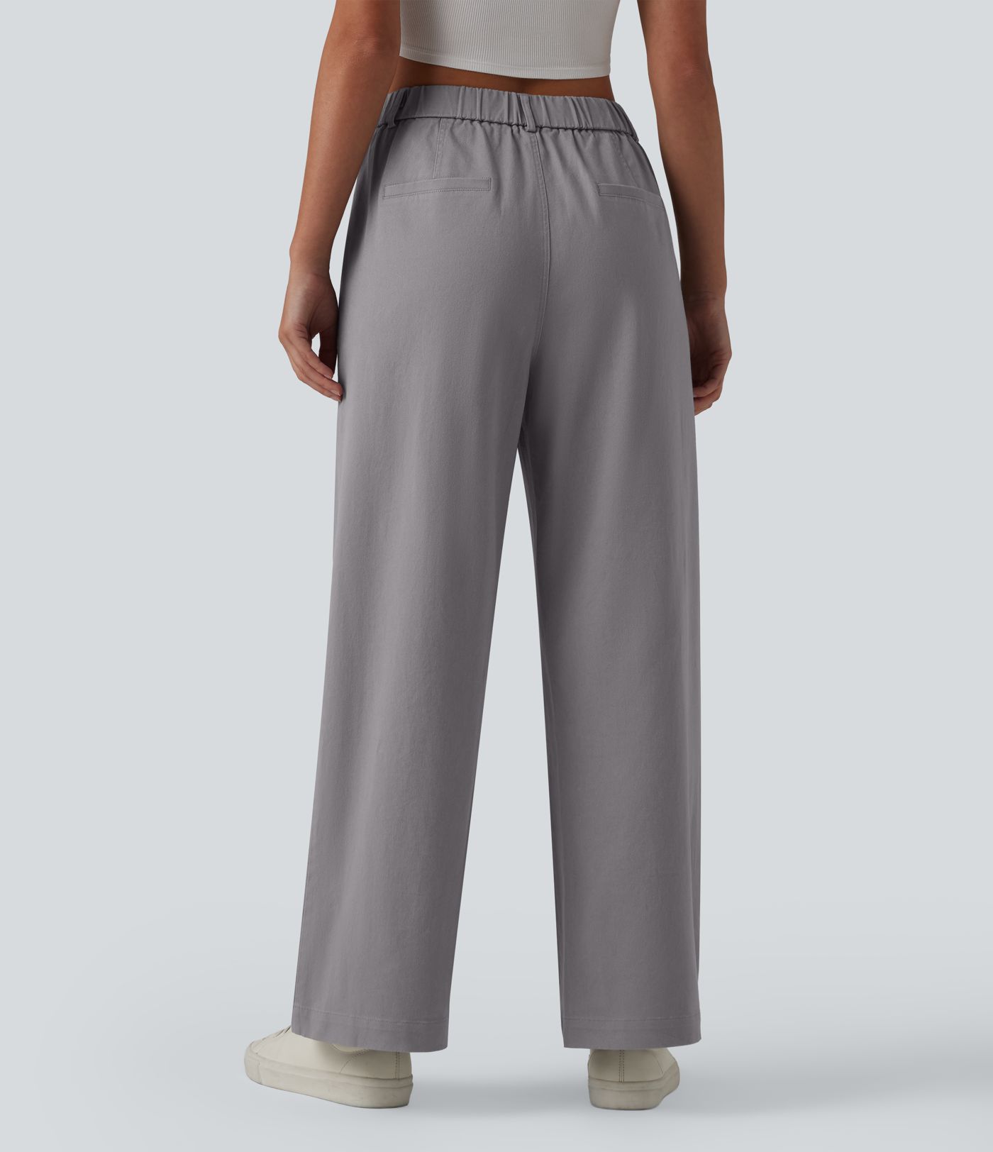 High Waisted Straight Leg Work Chino Cotton Pants with Pockets