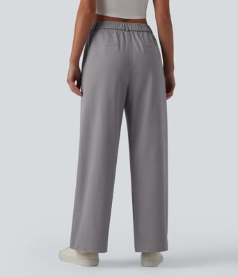 High Waisted Straight Leg Work Chino Cotton Pants with Pockets