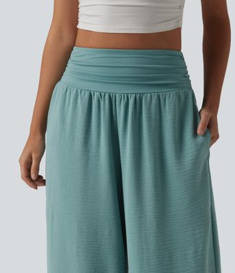 Pantalon ample décontracté taille haute à fronces, effet gainant pour le ventre, aspect lin, avec poches