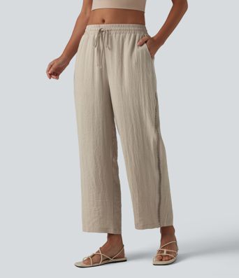 Mid Rise Drawstring Straight Leg Linen-Feel Pants with Pockets Mid Rise Drawstring Straight Leg Linen-Feel Pants with Pockets