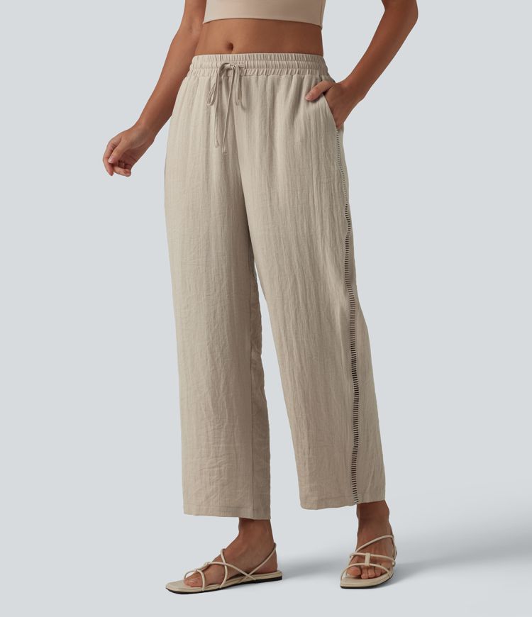 Mid Rise Drawstring Straight Leg Linen-Feel Pants with Pockets Mid Rise Drawstring Straight Leg Linen-Feel Pants with Pockets