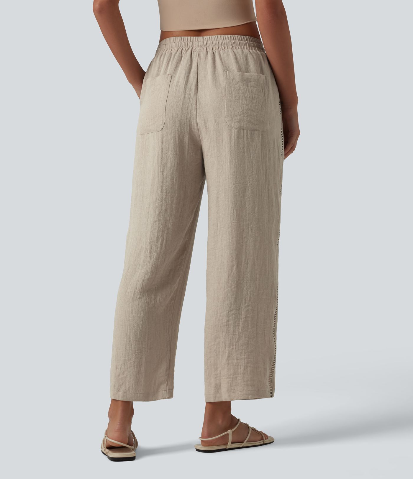 Mid Rise Drawstring Straight Leg Linen-Feel Pants with Pockets Mid Rise Drawstring Straight Leg Linen-Feel Pants with Pockets