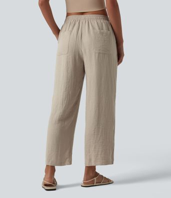 Mid Rise Drawstring Straight Leg Linen-Feel Pants with Pockets Mid Rise Drawstring Straight Leg Linen-Feel Pants with Pockets