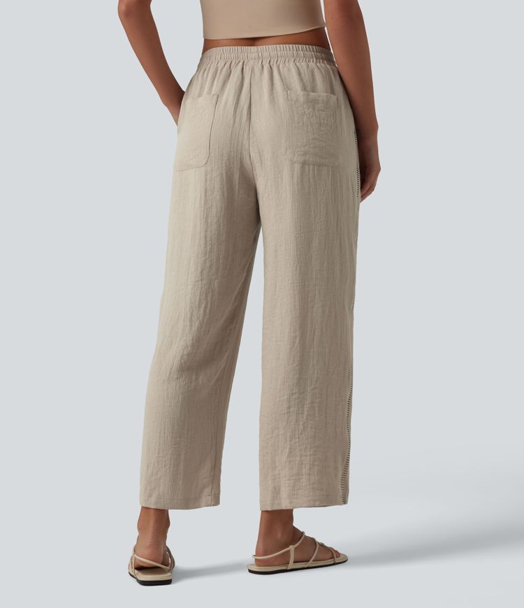 Mid Rise Drawstring Straight Leg Linen-Feel Pants with Pockets Mid Rise Drawstring Straight Leg Linen-Feel Pants with Pockets