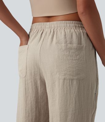 Mid Rise Drawstring Straight Leg Linen-Feel Pants with Pockets Mid Rise Drawstring Straight Leg Linen-Feel Pants with Pockets