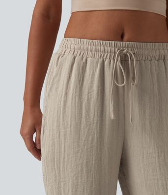 Mid Rise Drawstring Straight Leg Linen-Feel Pants with Pockets Mid Rise Drawstring Straight Leg Linen-Feel Pants with Pockets