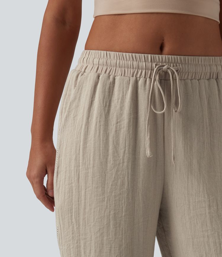 Mid Rise Drawstring Straight Leg Linen-Feel Pants with Pockets Mid Rise Drawstring Straight Leg Linen-Feel Pants with Pockets