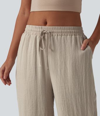 Mid Rise Drawstring Straight Leg Linen-Feel Pants with Pockets Mid Rise Drawstring Straight Leg Linen-Feel Pants with Pockets