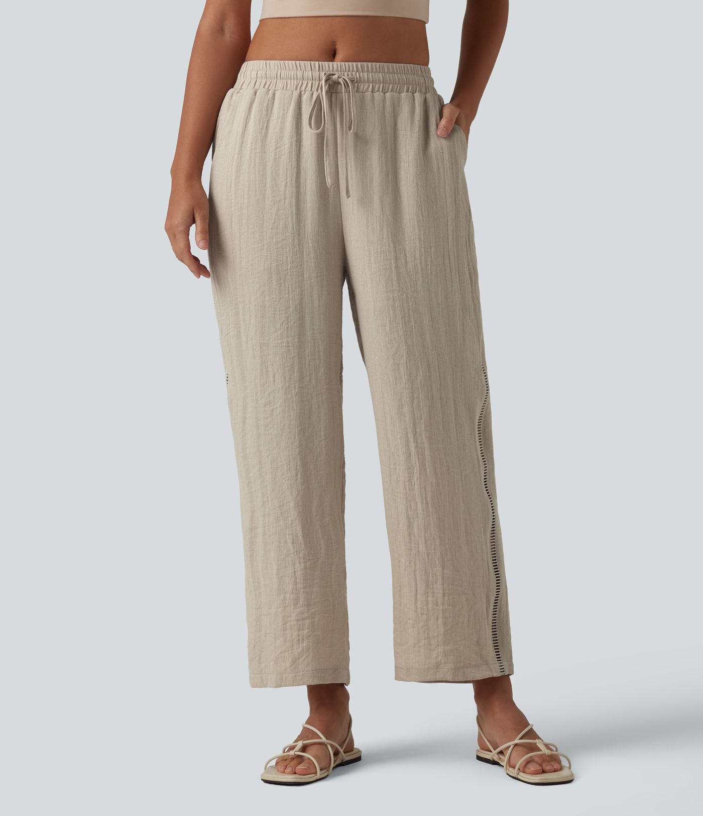 Mid Rise Drawstring Straight Leg Linen-Feel Pants with Pockets Mid Rise Drawstring Straight Leg Linen-Feel Pants with Pockets