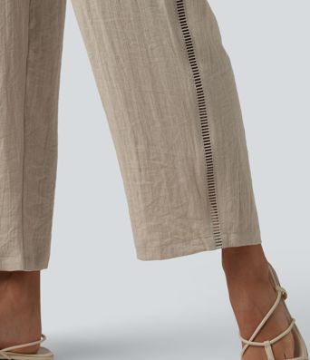 Mid Rise Drawstring Straight Leg Linen-Feel Pants with Pockets Mid Rise Drawstring Straight Leg Linen-Feel Pants with Pockets