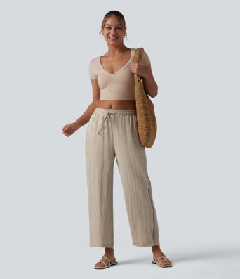 Mid Rise Drawstring Straight Leg Linen-Feel Pants with Pockets Mid Rise Drawstring Straight Leg Linen-Feel Pants with Pockets