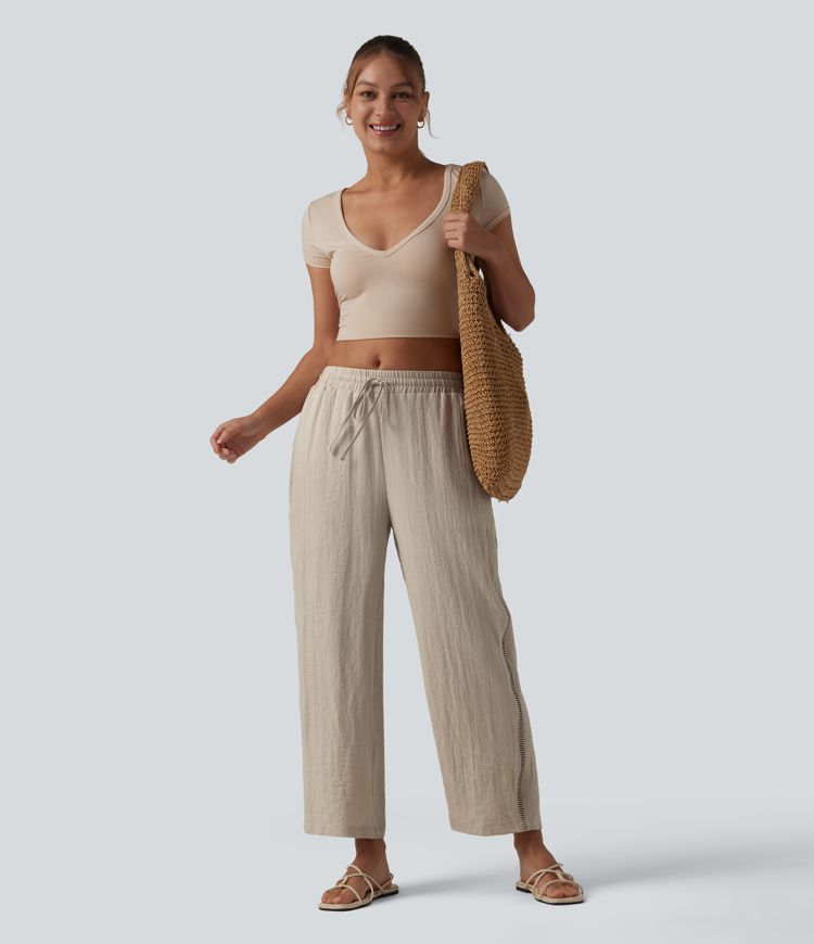 Mid Rise Drawstring Straight Leg Linen-Feel Pants with Pockets Mid Rise Drawstring Straight Leg Linen-Feel Pants with Pockets