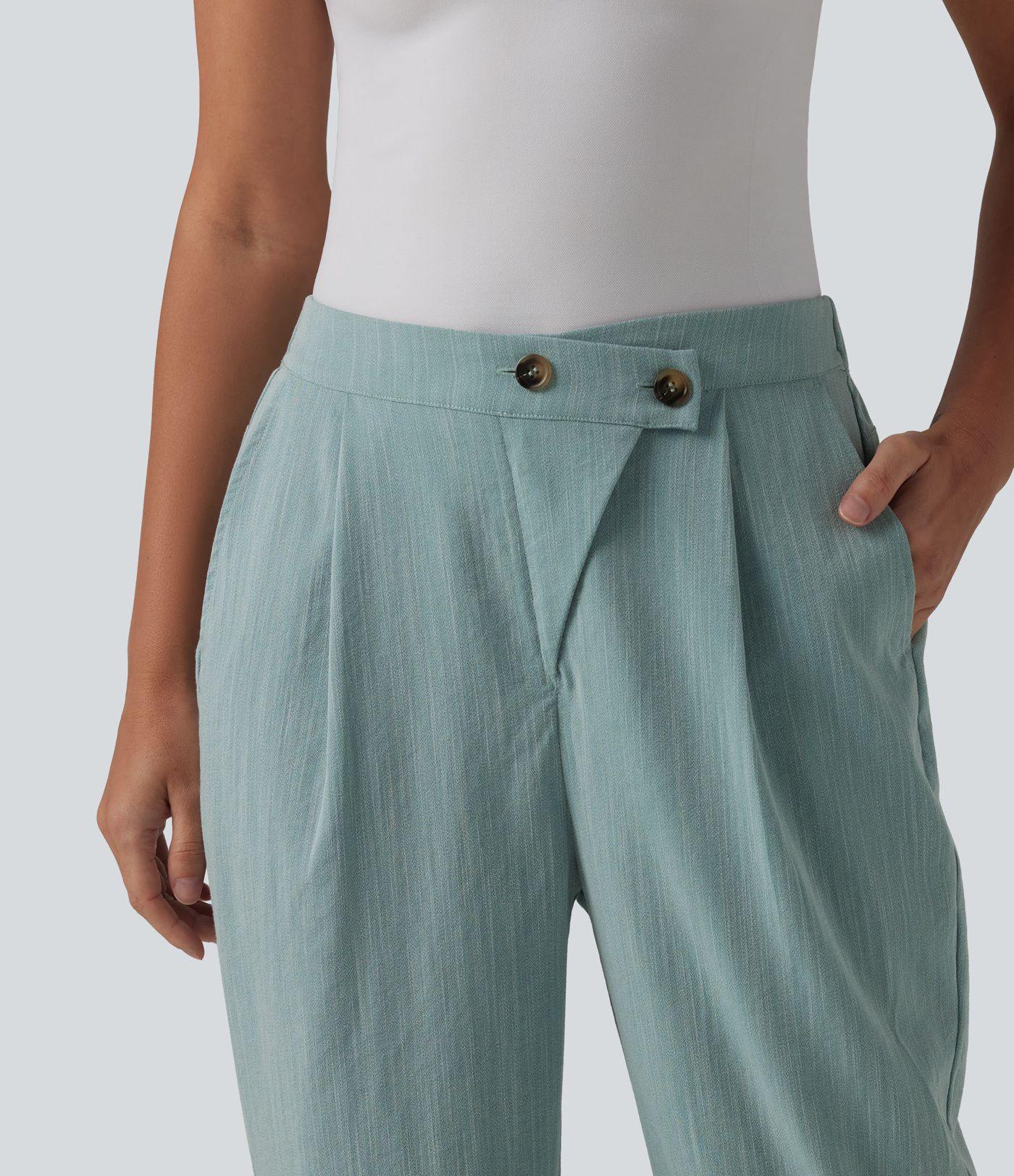 Asymmetric High Waisted Tapered Work Linen-Feel Pants with Pockets