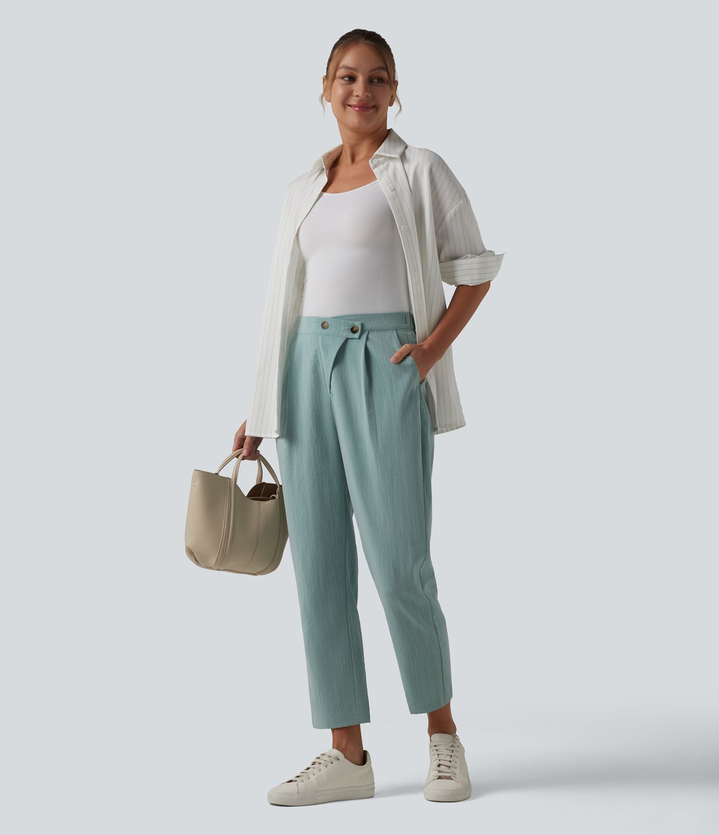 Asymmetric High Waisted Tapered Work Linen-Feel Pants with Pockets