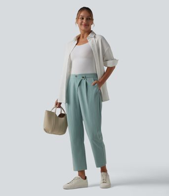 Asymmetric High Waisted Tapered Work Linen-Feel Pants with Pockets