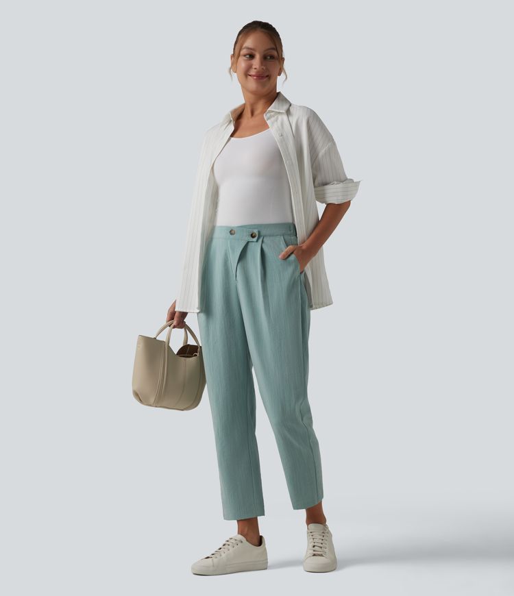 Asymmetric High Waisted Tapered Work Linen-Feel Pants with Pockets