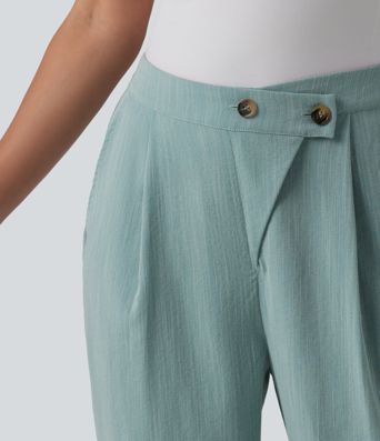 Asymmetric High Waisted Tapered Work Linen-Feel Pants with Pockets
