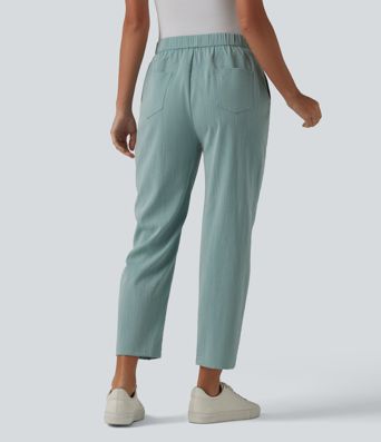 Asymmetric High Waisted Tapered Work Linen-Feel Pants with Pockets
