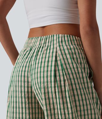 Pantalon ample raccourci à carreaux taille mi-haute avec poches