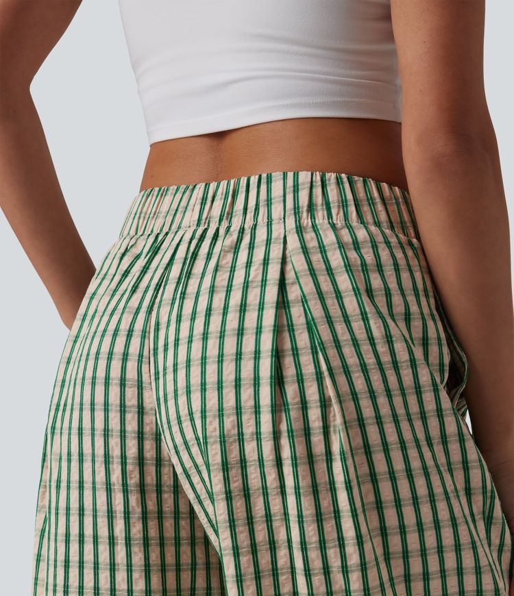 Pantalon ample raccourci à carreaux taille mi-haute avec poches