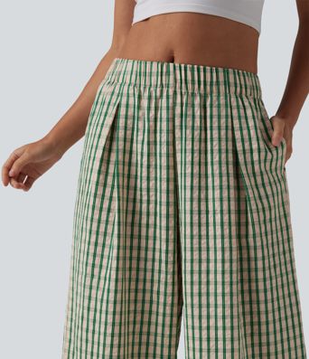 Pantalon ample raccourci à carreaux taille mi-haute avec poches