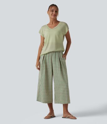 Pantalon ample raccourci à carreaux taille mi-haute avec poches