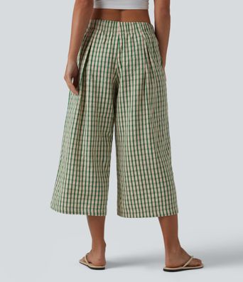 Pantalon ample raccourci à carreaux taille mi-haute avec poches