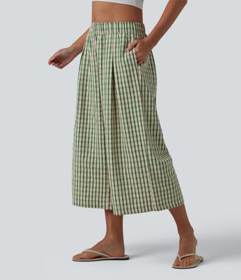 Pantalon ample raccourci à carreaux taille mi-haute avec poches