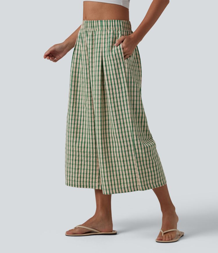 Pantalon ample raccourci à carreaux taille mi-haute avec poches