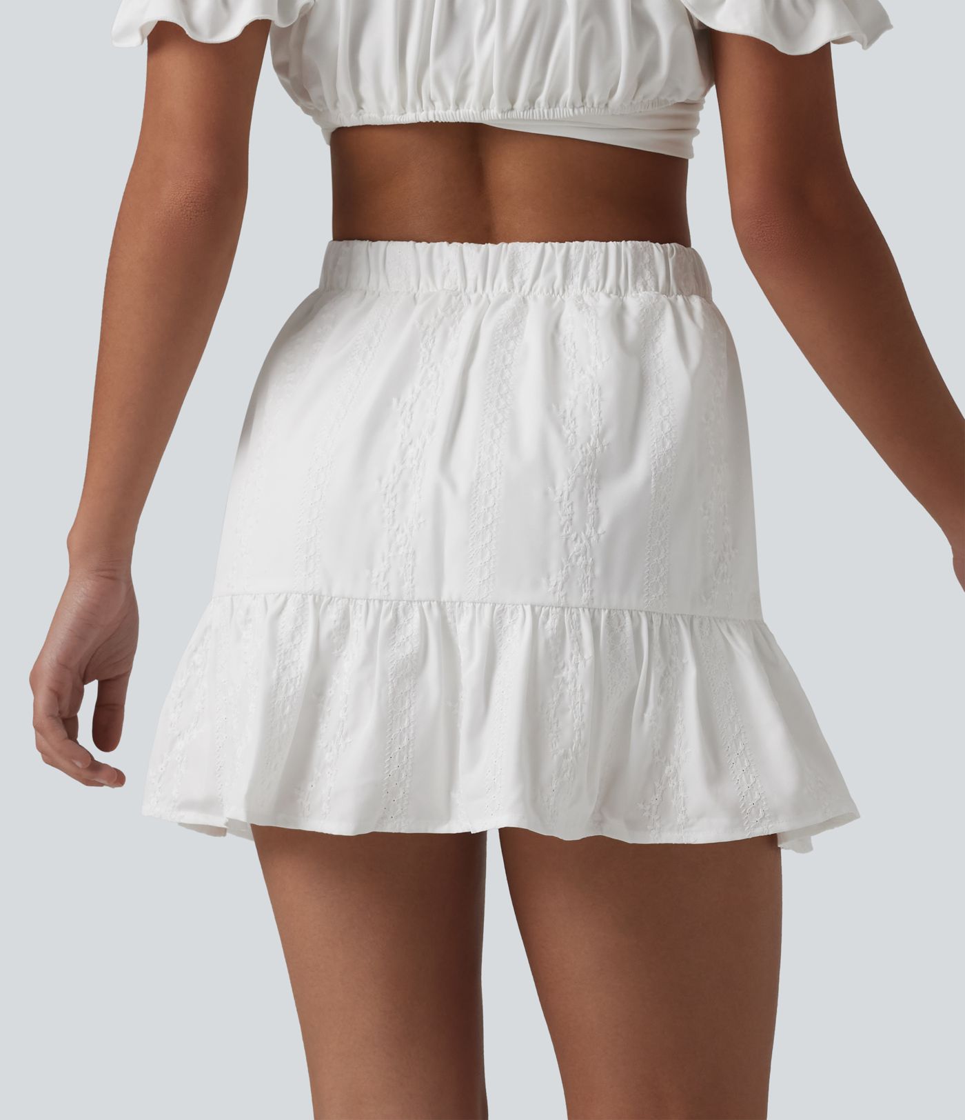 High Waisted Drawstring 2-in-1 Ruffle Hem Embroidery Resort A-line Skirt with Pocket
