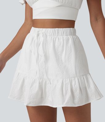 High Waisted Drawstring 2-in-1 Ruffle Hem Embroidery Resort A-line Skirt with Pocket