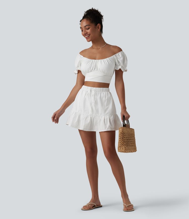 High Waisted Drawstring 2-in-1 Ruffle Hem Embroidery Resort A-line Skirt with Pocket