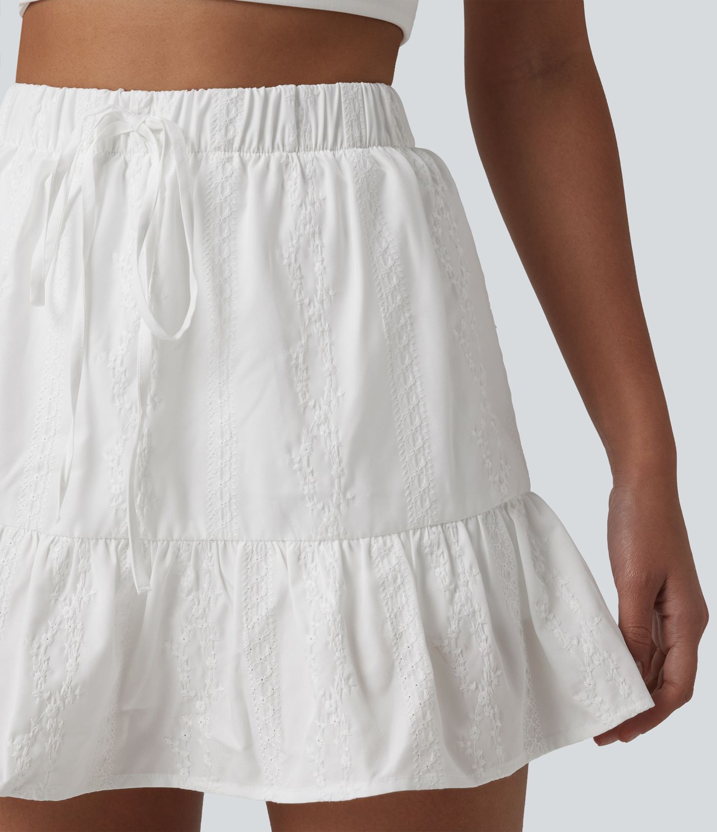 High Waisted Drawstring 2-in-1 Ruffle Hem Embroidery Resort A-line Skirt with Pocket
