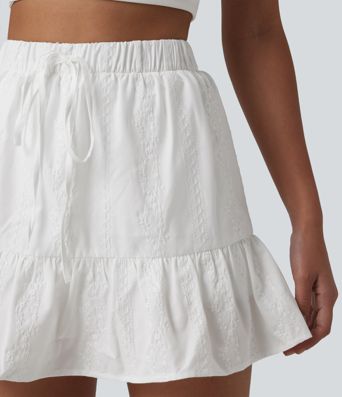 High Waisted Drawstring 2-in-1 Ruffle Hem Embroidery Resort A-line Skirt with Pocket