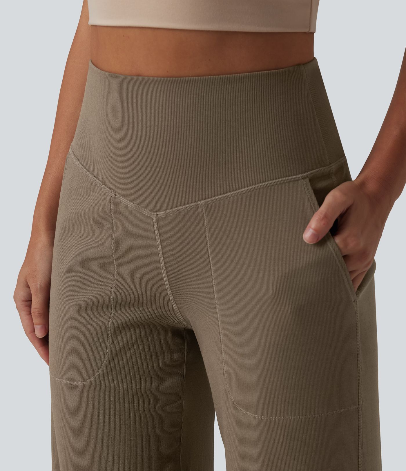 Pantalon large décontracté taille haute ventre plat en maille côtelée avec poches