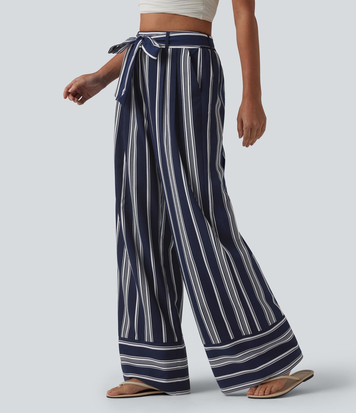 High Waisted Belted Stripes Resort Baggy Pants with Pockets