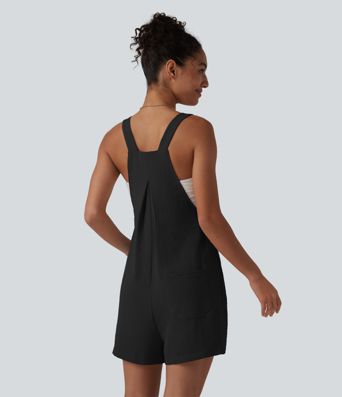 Adjustable Straps Pleated Linen-Feel Resort Short Overalls with Pockets