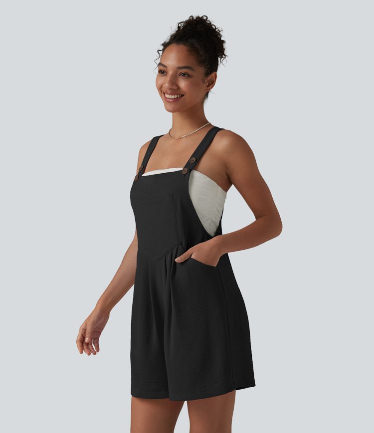 Adjustable Straps Pleated Linen-Feel Resort Short Overalls with Pockets