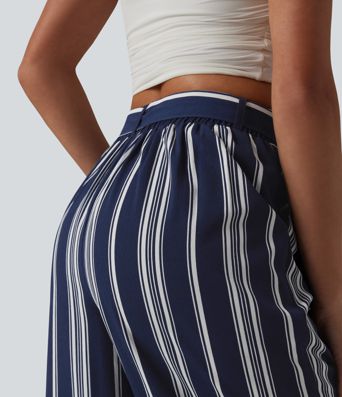 High Waisted Belted Stripes Resort Baggy Pants with Pockets