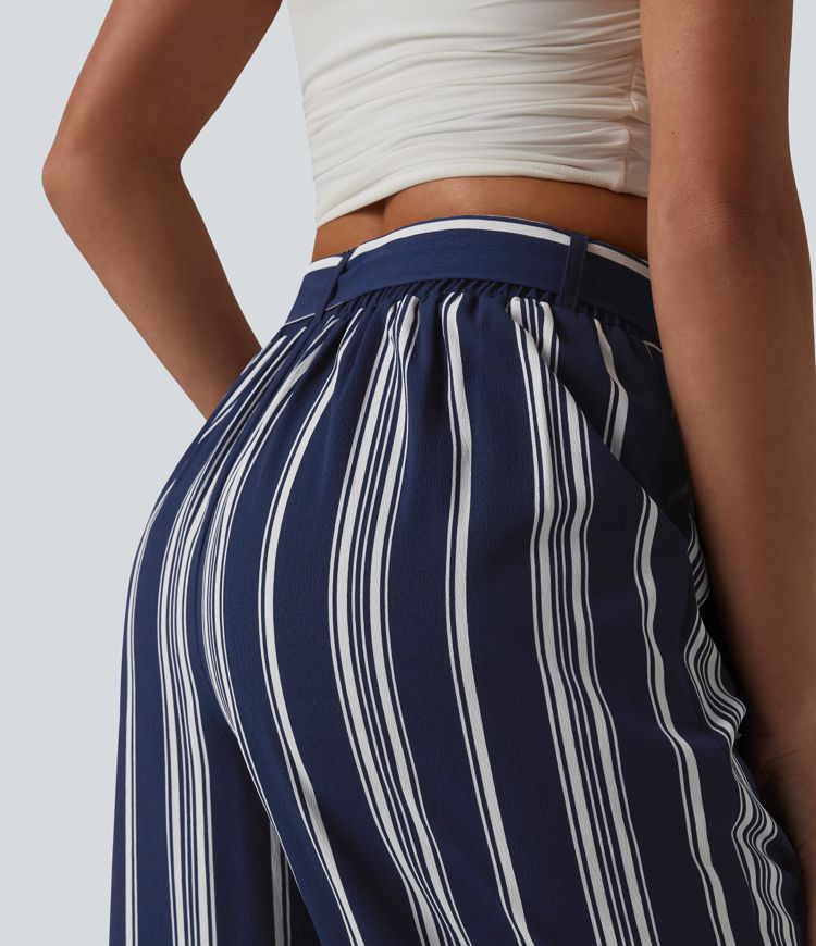High Waisted Belted Stripes Resort Baggy Pants with Pockets