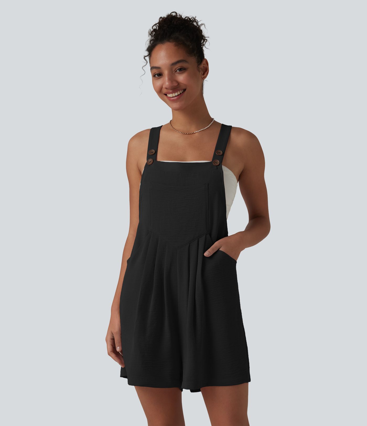 Adjustable Straps Pleated Linen-Feel Resort Short Overalls with Pockets