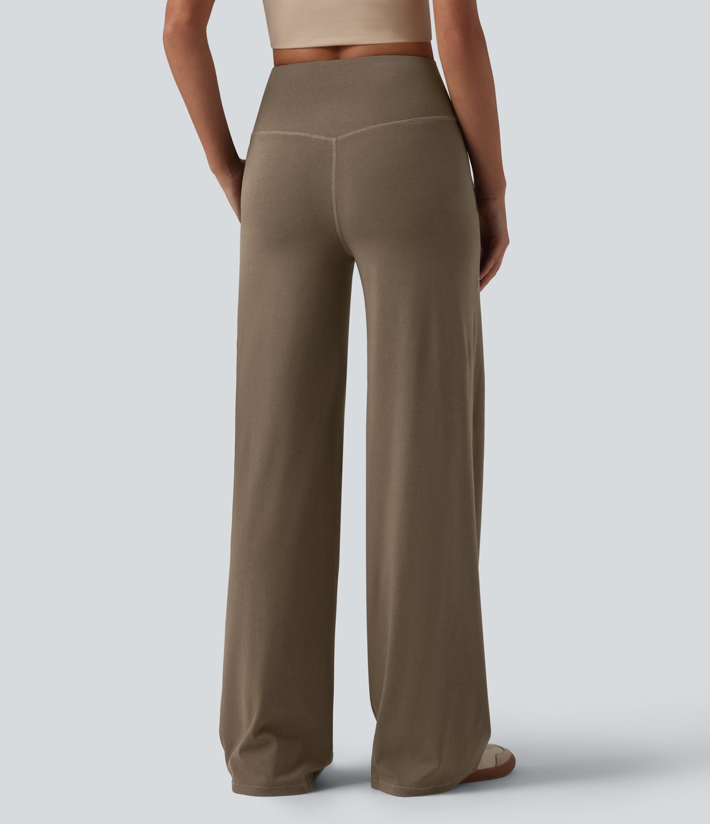 Pantalon large décontracté taille haute ventre plat en maille côtelée avec poches