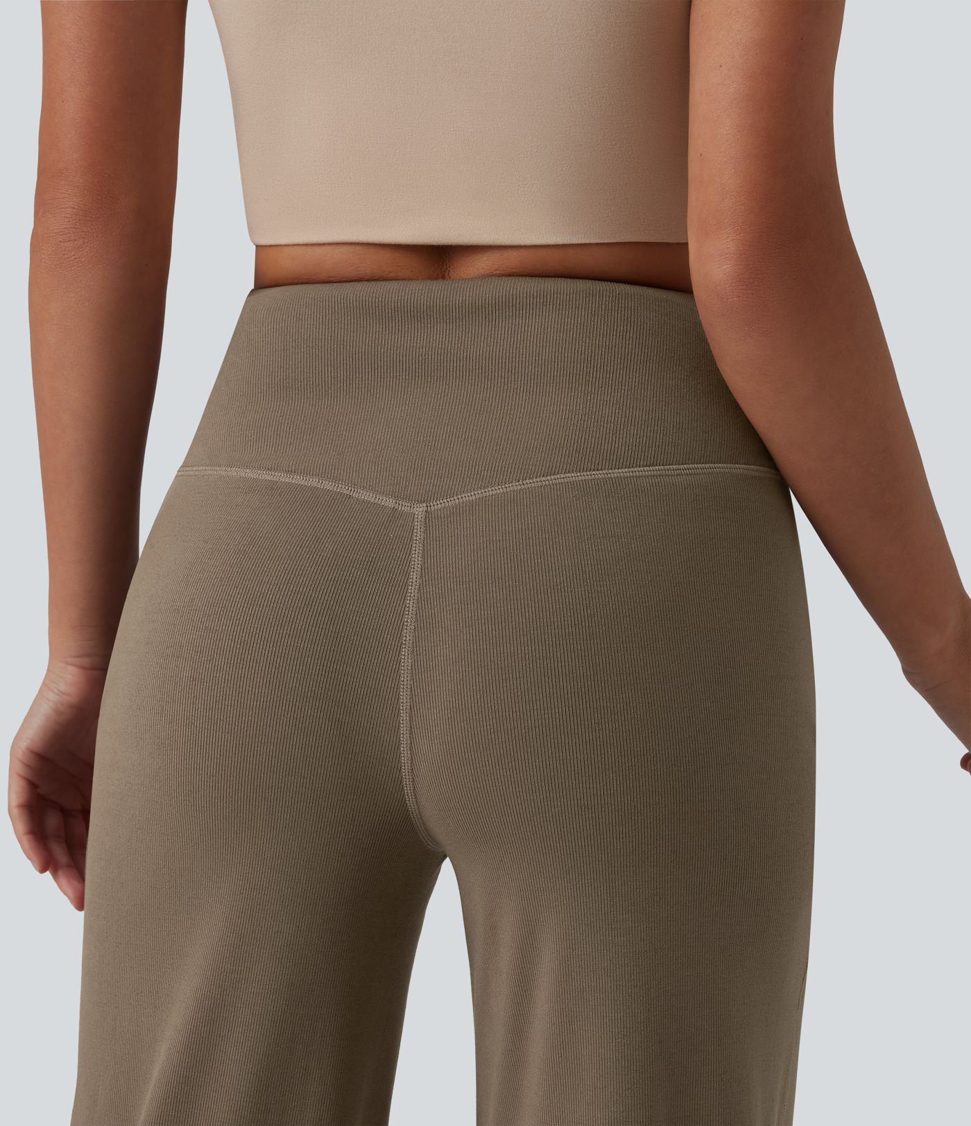 Pantalon large décontracté taille haute ventre plat en maille côtelée avec poches