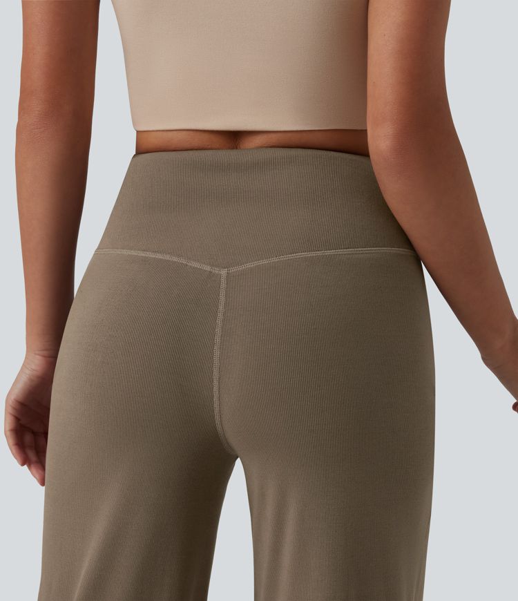 Pantalon large décontracté taille haute ventre plat en maille côtelée avec poches