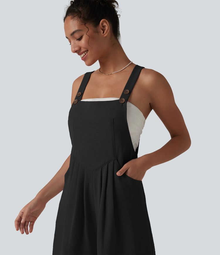 Adjustable Straps Pleated Linen-Feel Resort Short Overalls with Pockets