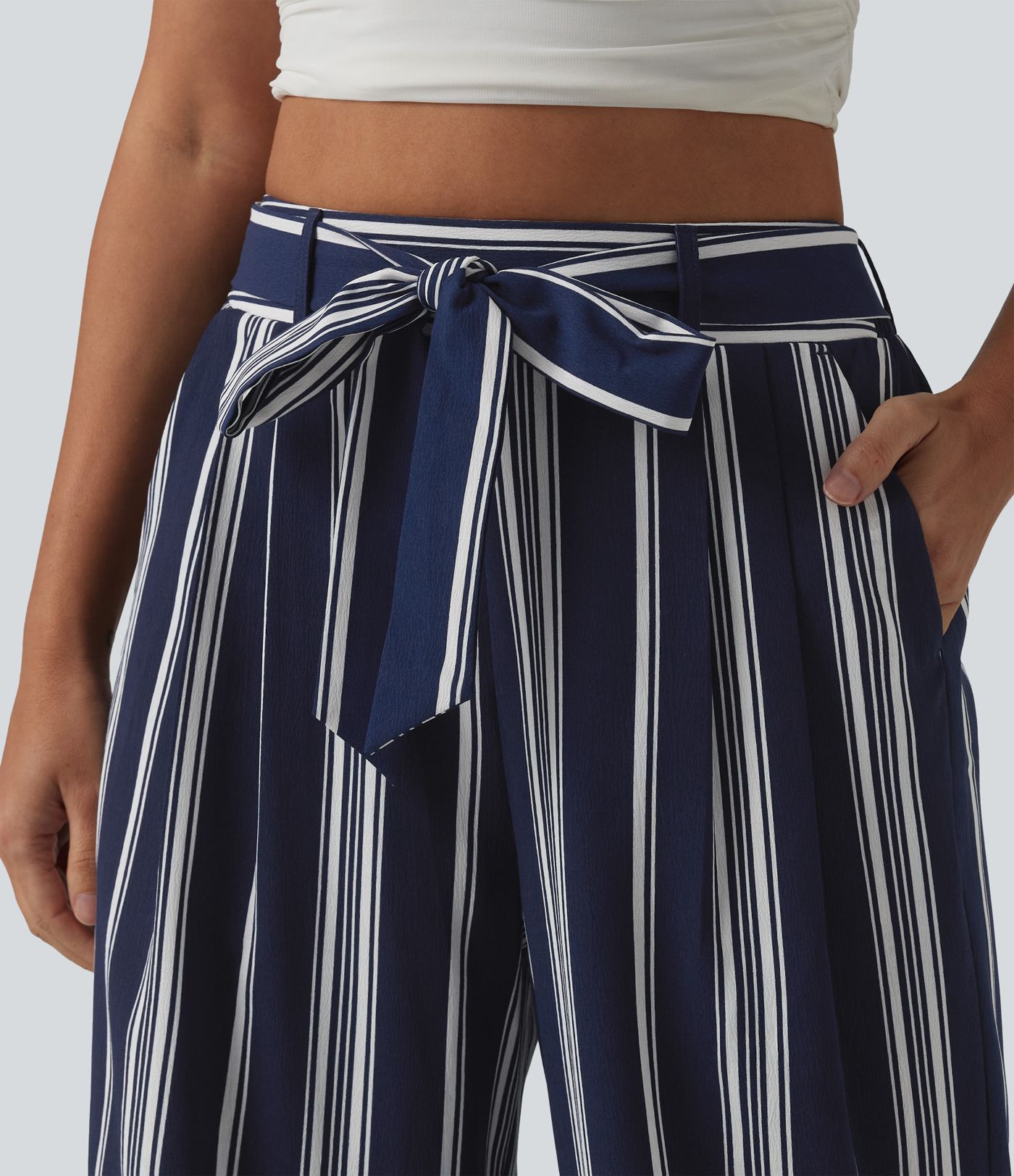 High Waisted Belted Stripes Resort Baggy Pants with Pockets