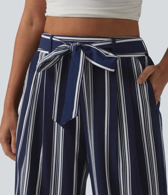 High Waisted Belted Stripes Resort Baggy Pants with Pockets