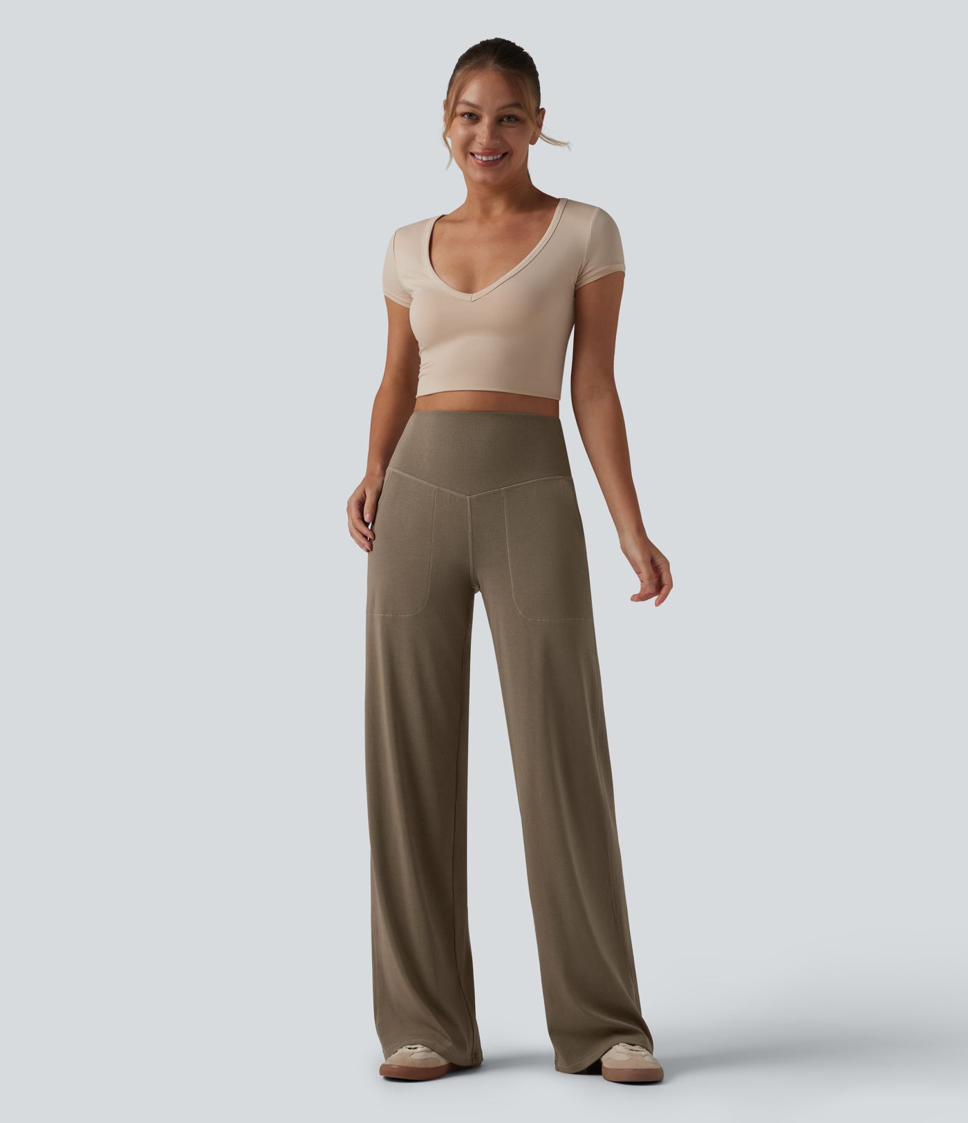 Pantalon large décontracté taille haute ventre plat en maille côtelée avec poches